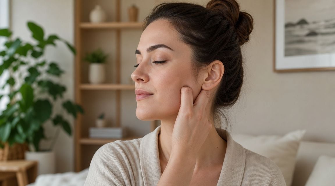 A woman in a robe gently massaging her jawline while relaxing in a cozy, bright room.