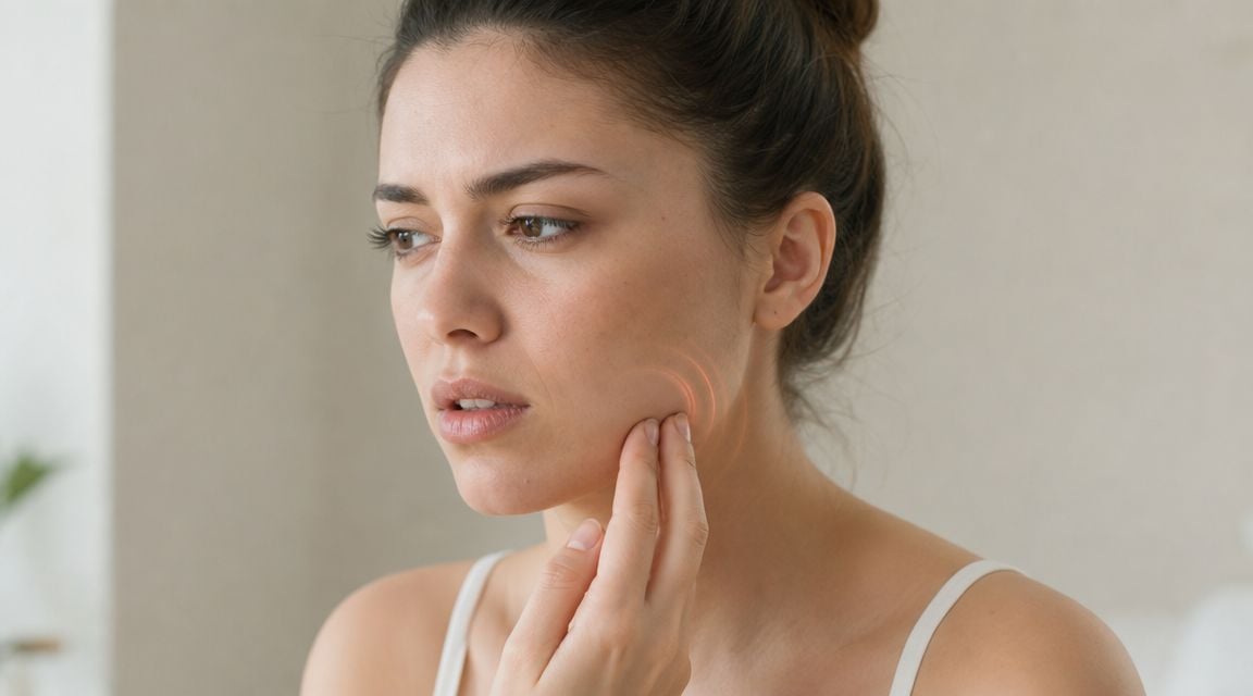 A young woman touching her cheek in discomfort, indicating potential jaw or masseter muscle pain.