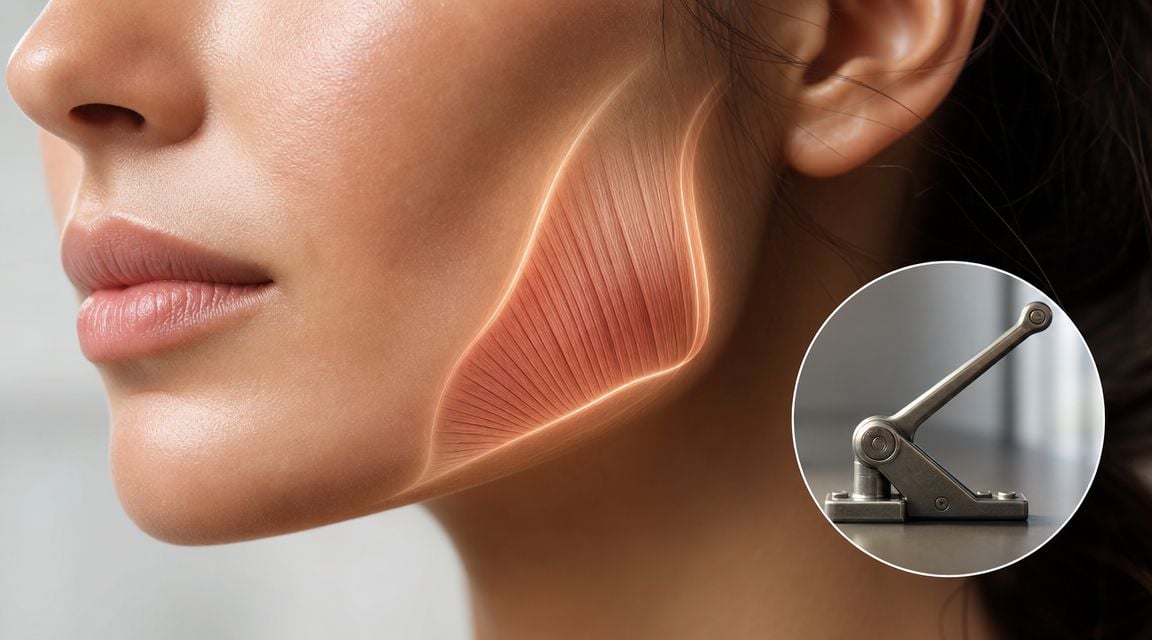 A conceptual illustration comparing the human masseter muscle on a face with a mechanical lever device.