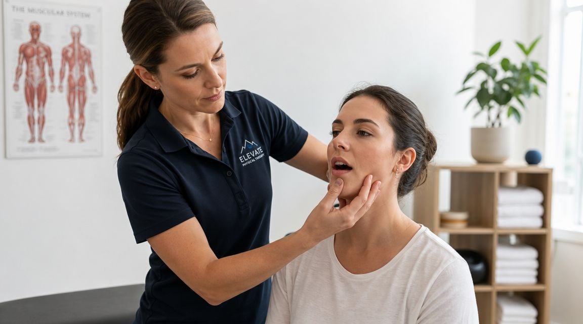 A physical therapist performs a professional assessment on a patient's jaw during a clinical consultation.