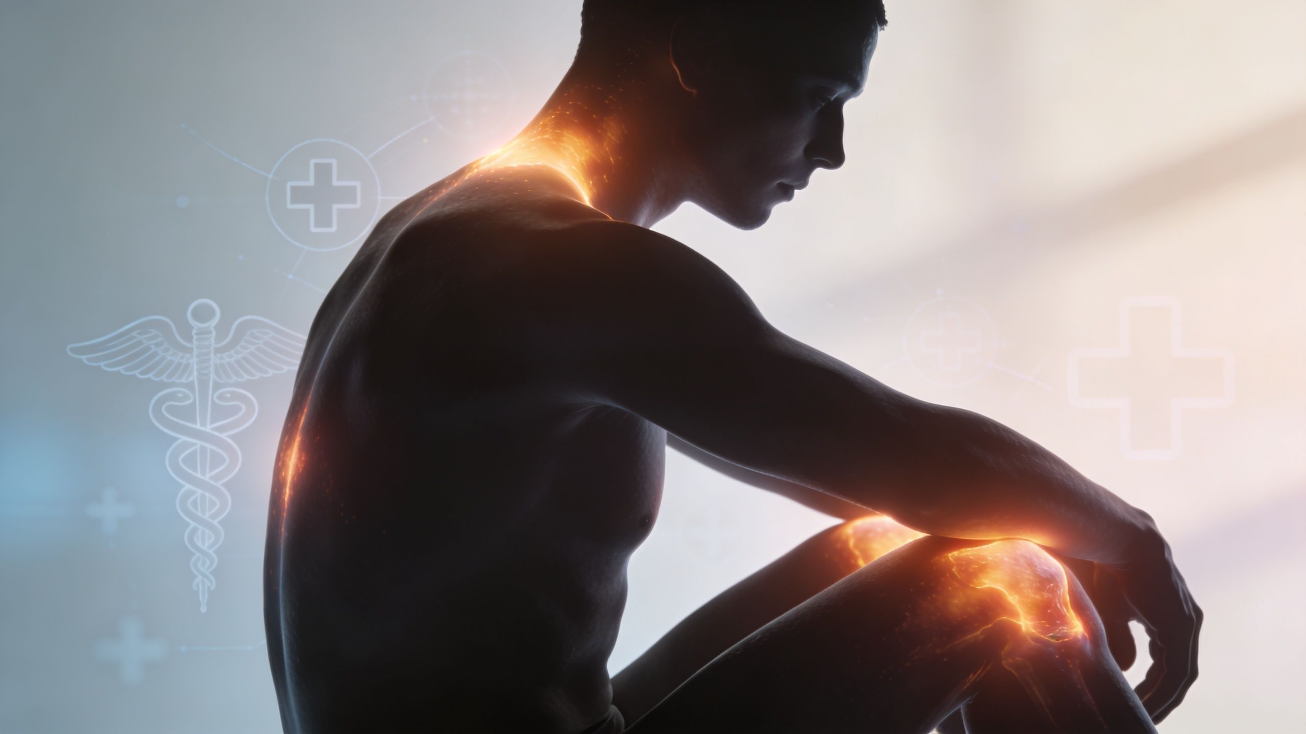 A silhouette of a man experiencing pain in his neck, back, and knee with medical icons nearby.