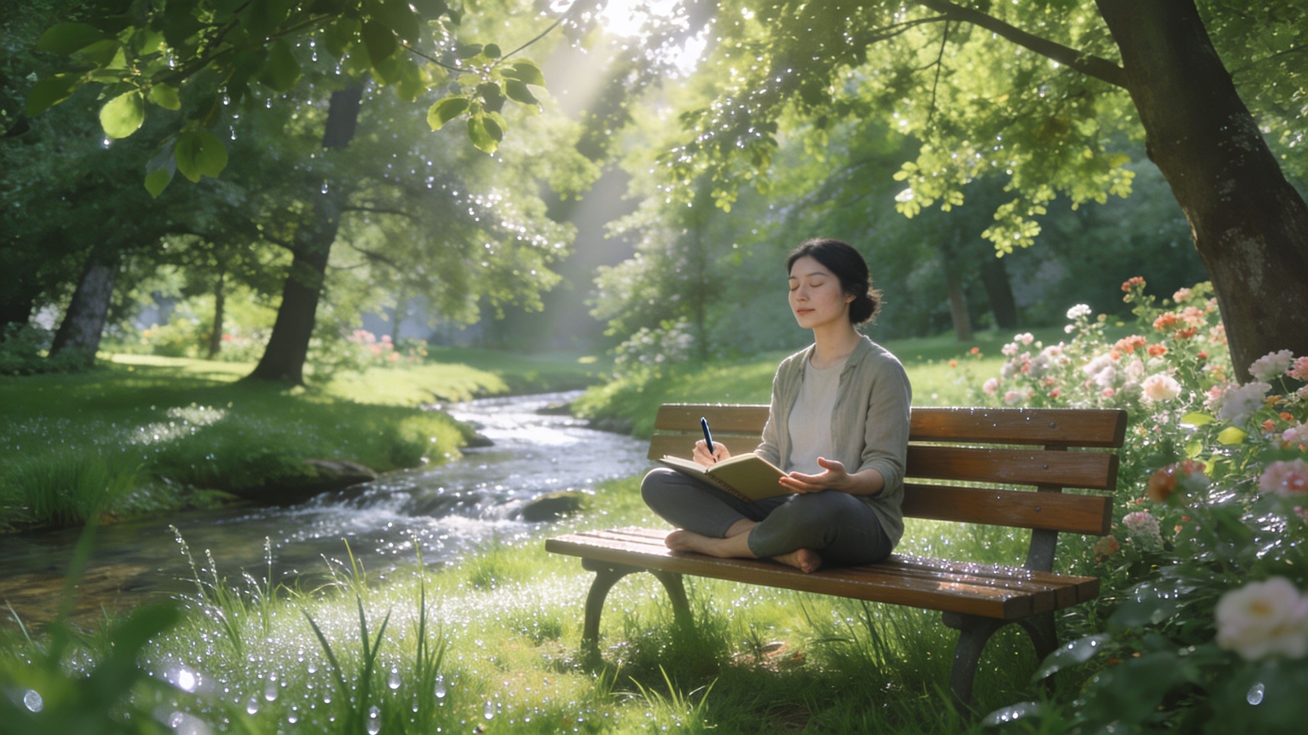 A woman sits on a park bench by a stream, peacefully writing in a journal outdoors.