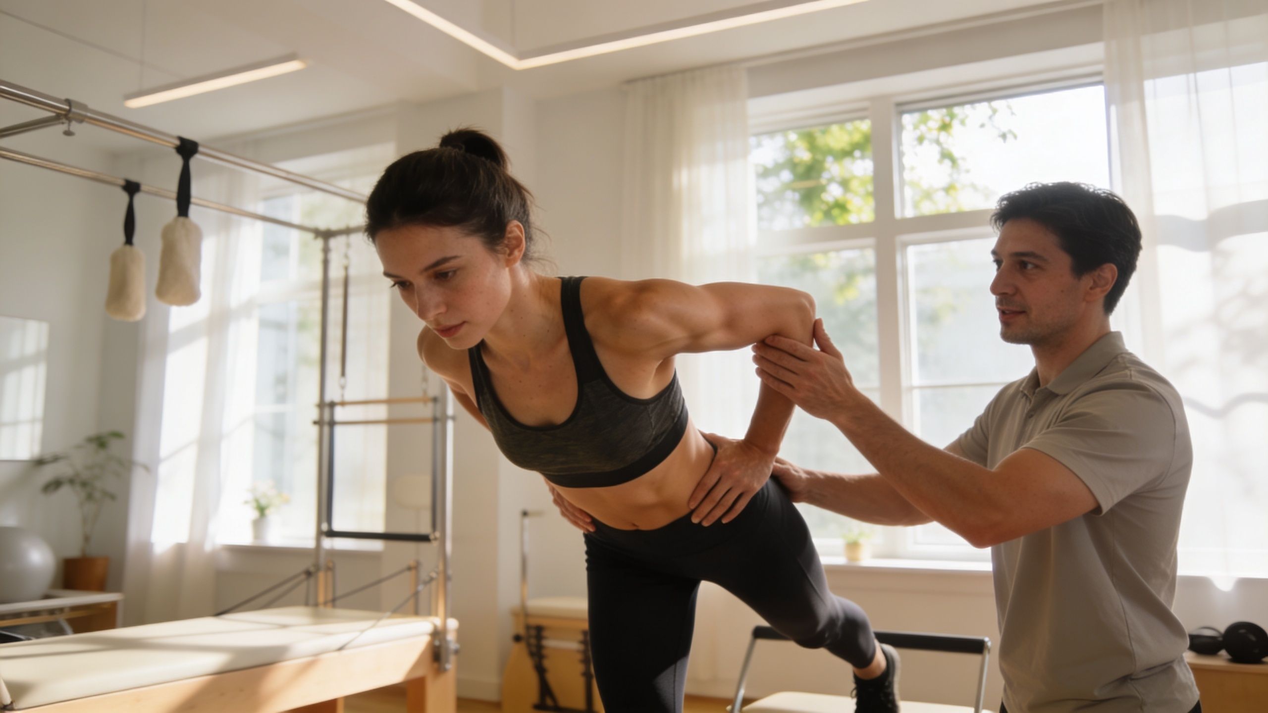 A professional physical therapist assisting a woman with her Pilates exercise rehabilitation in a bright clinic.