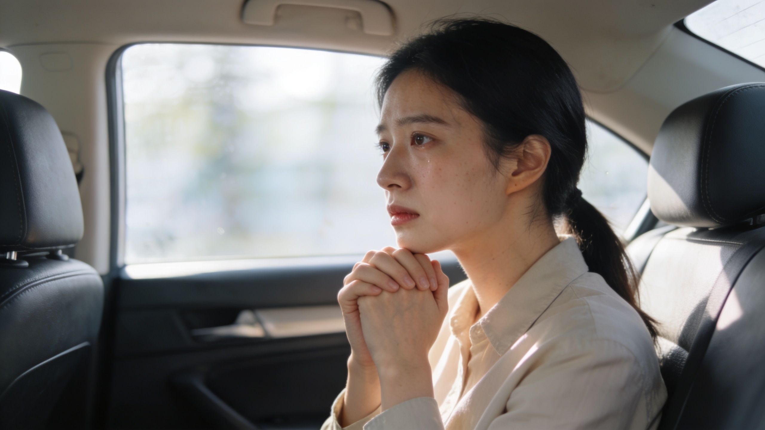 A distraught young woman sits in the back of a car looking out the window with teary eyes.
