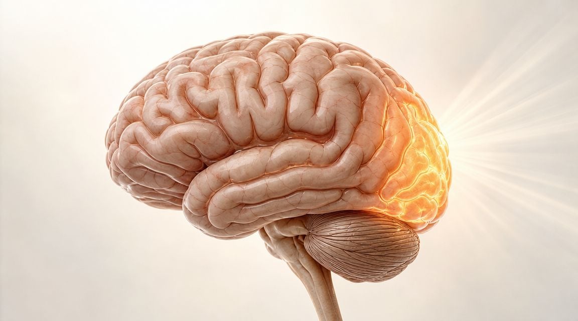 A 3D rendering of a human brain with a glowing light effect highlighting the occipital lobe area.