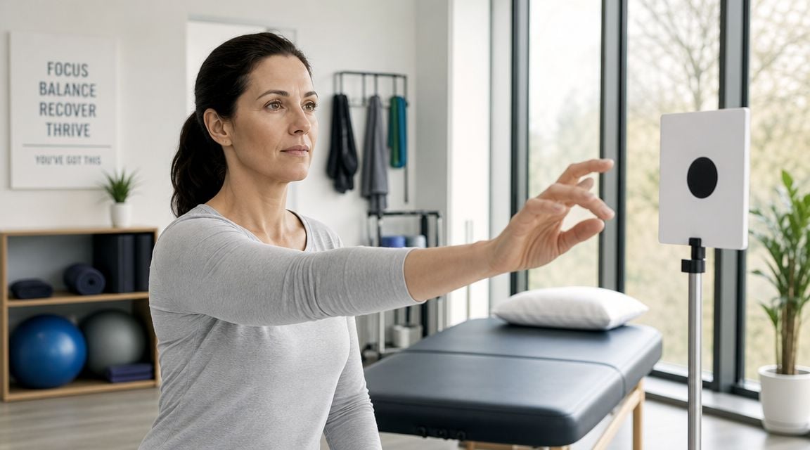 A woman performing a visual physical therapy exercise by reaching toward a black dot on a screen.