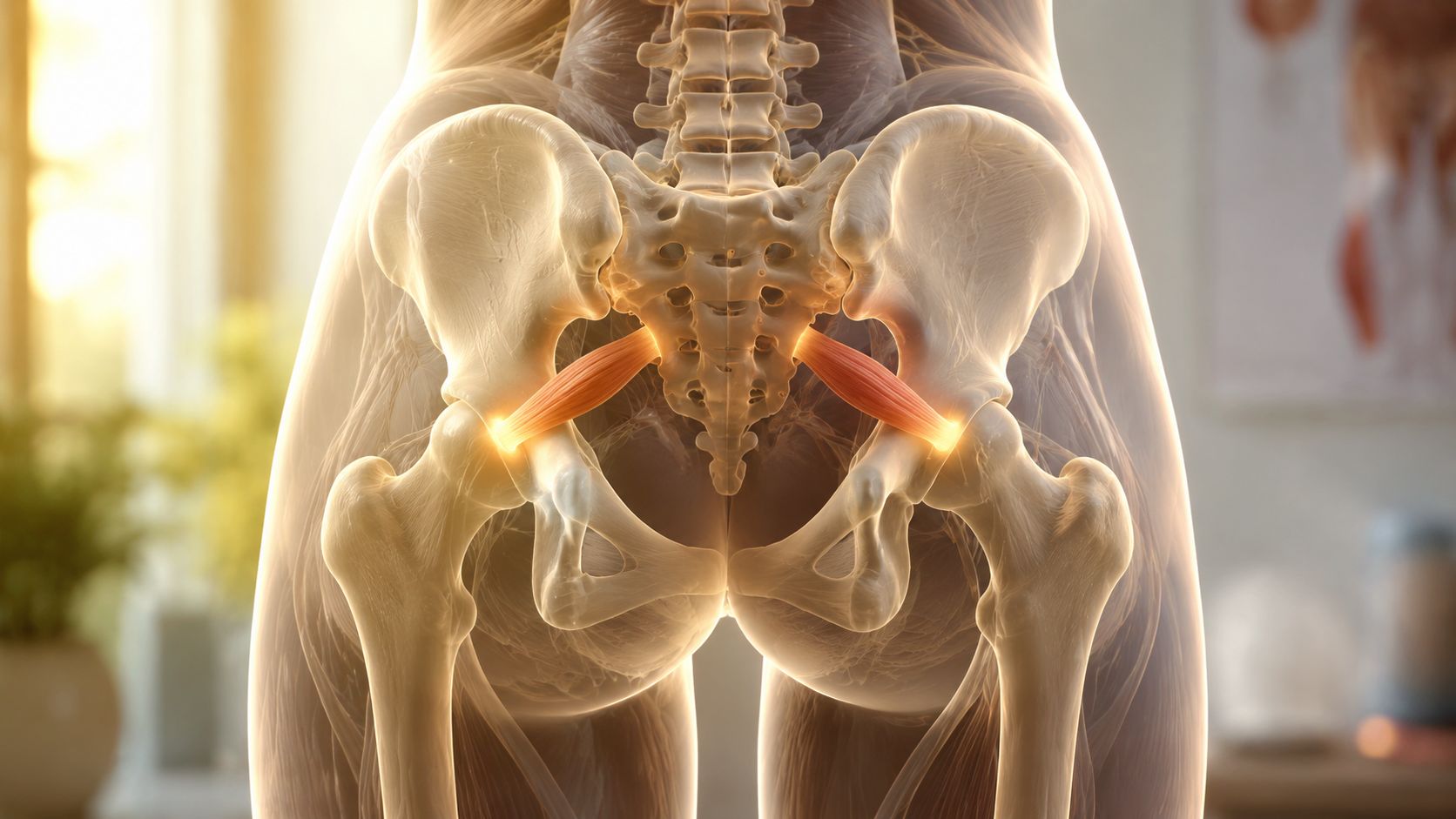A 3D anatomical model highlighting the piriformis muscles connecting the sacrum to the femur in the hip.