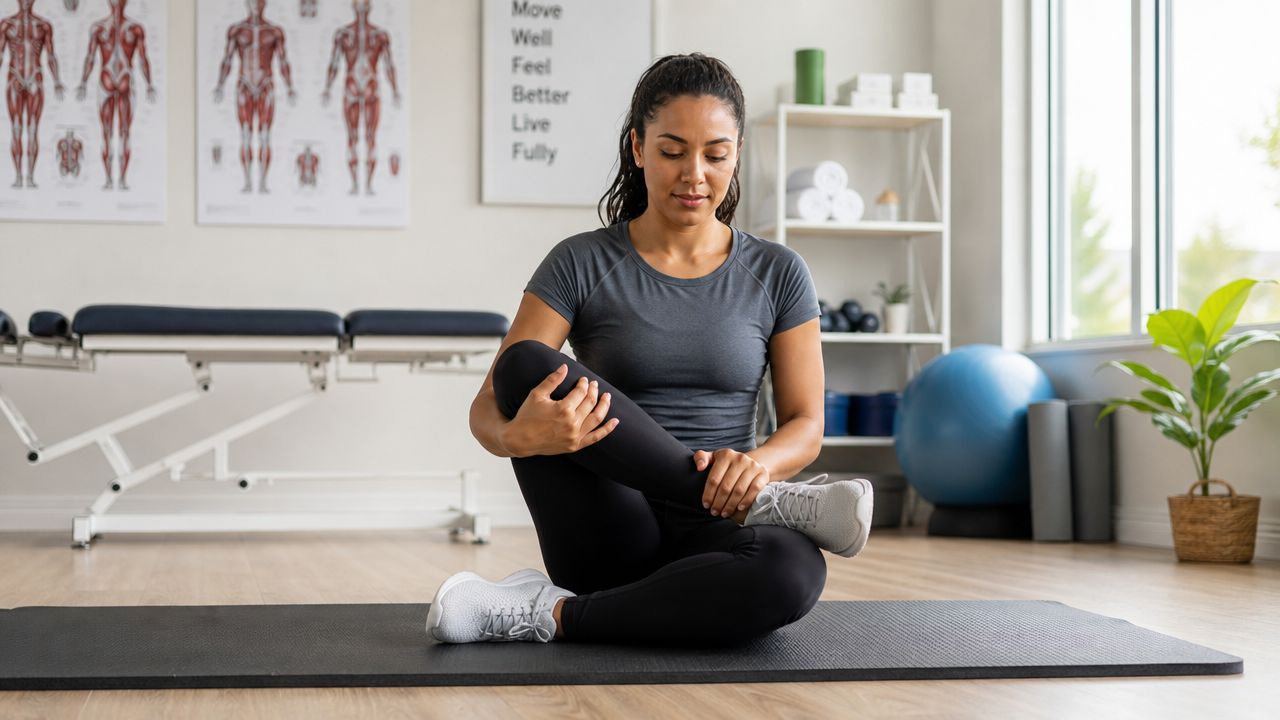 A woman performing a seated piriformis stretch on a yoga mat in a professional physical therapy studio.
