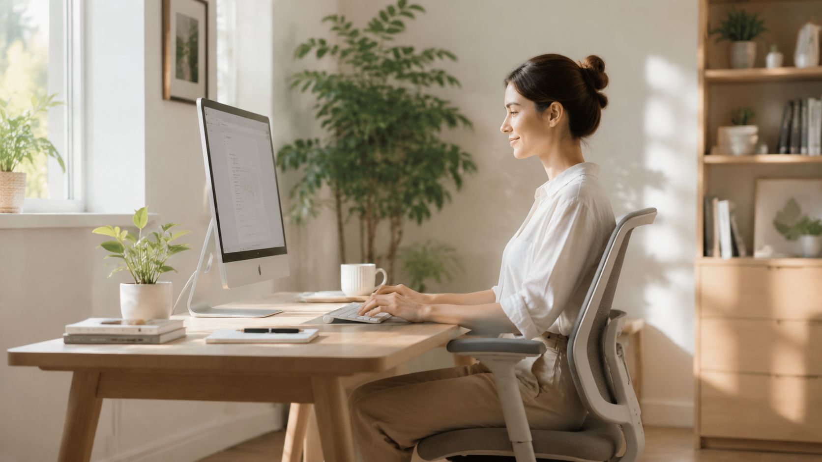 A woman working at her desk on a computer in a sunlit home office environment.