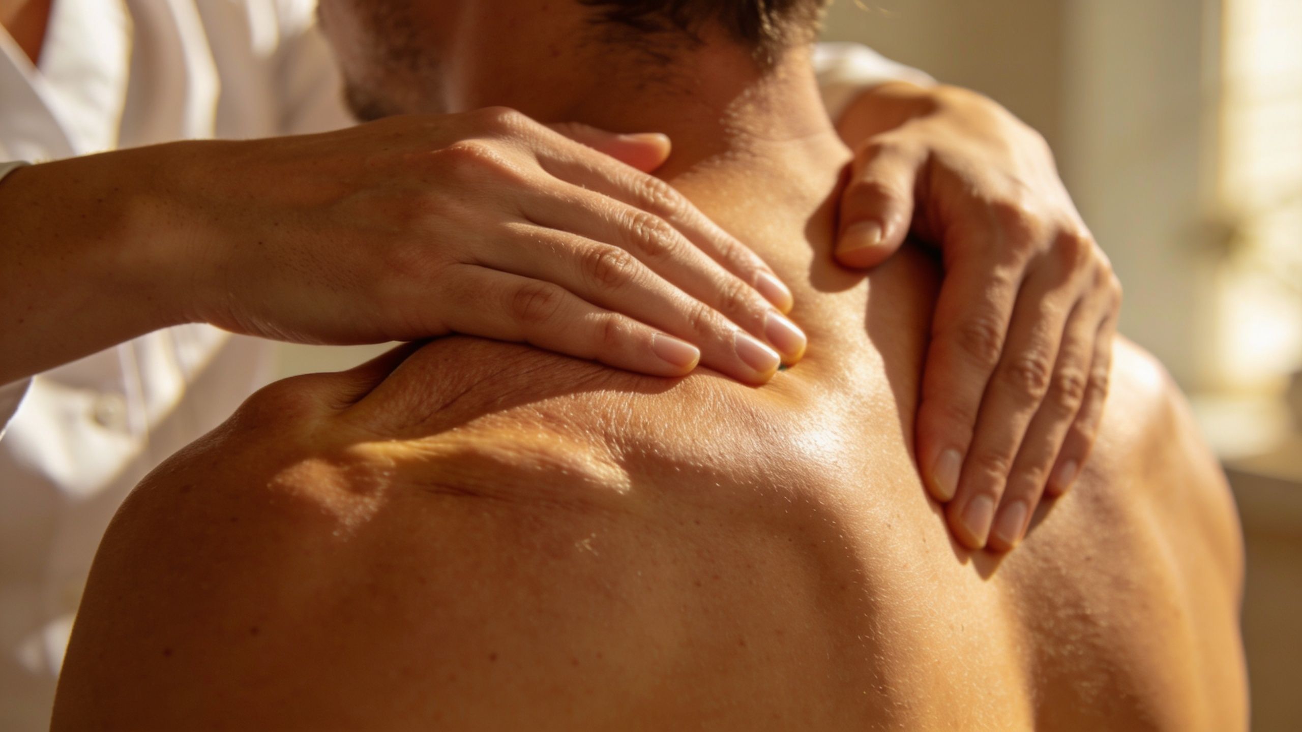 A professional massage therapist provides physical therapy to a patient by massaging their shoulder and back area.