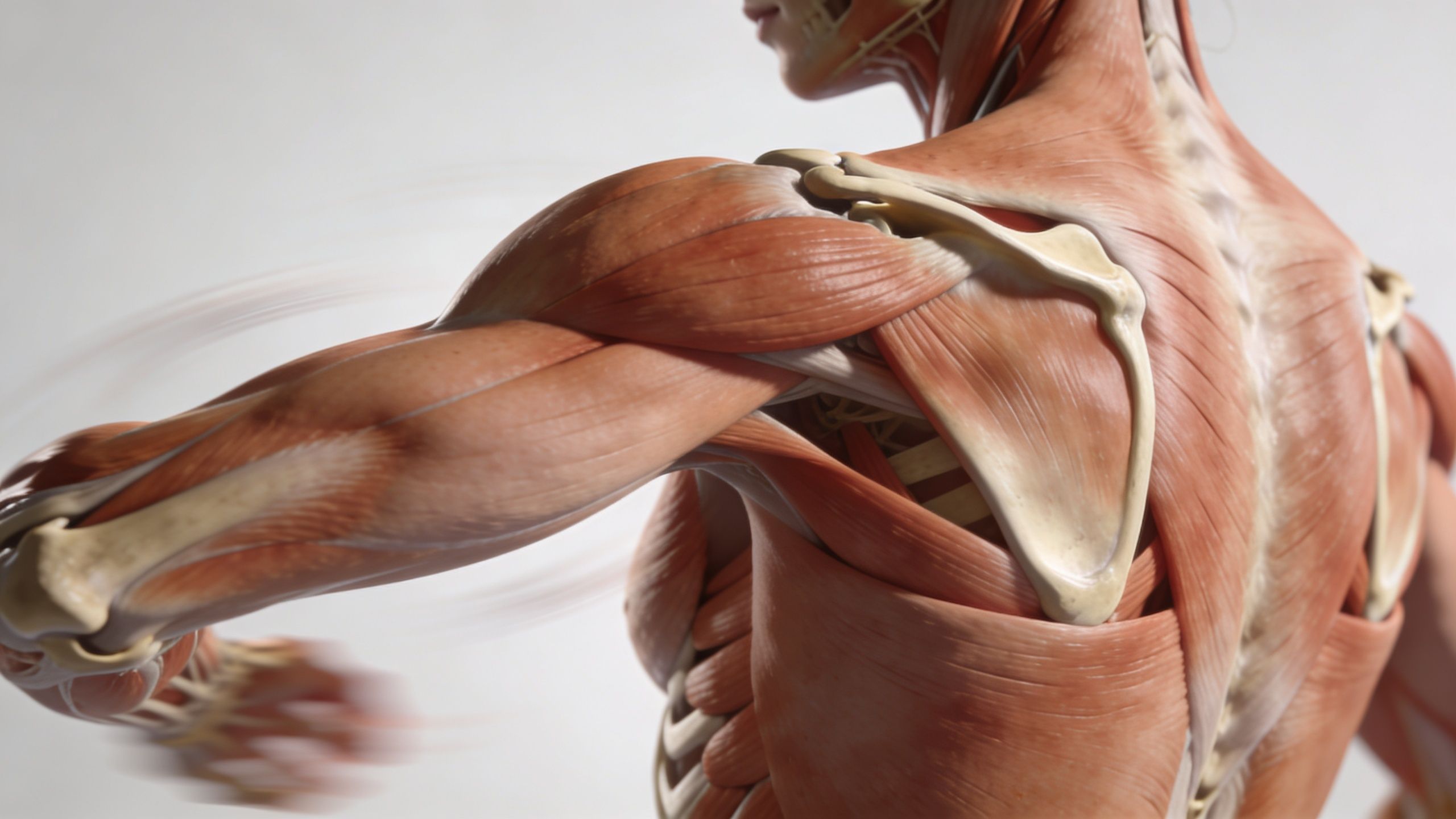 A detailed 3D anatomical model highlighting the human shoulder anatomy including the scapula and surrounding muscles.