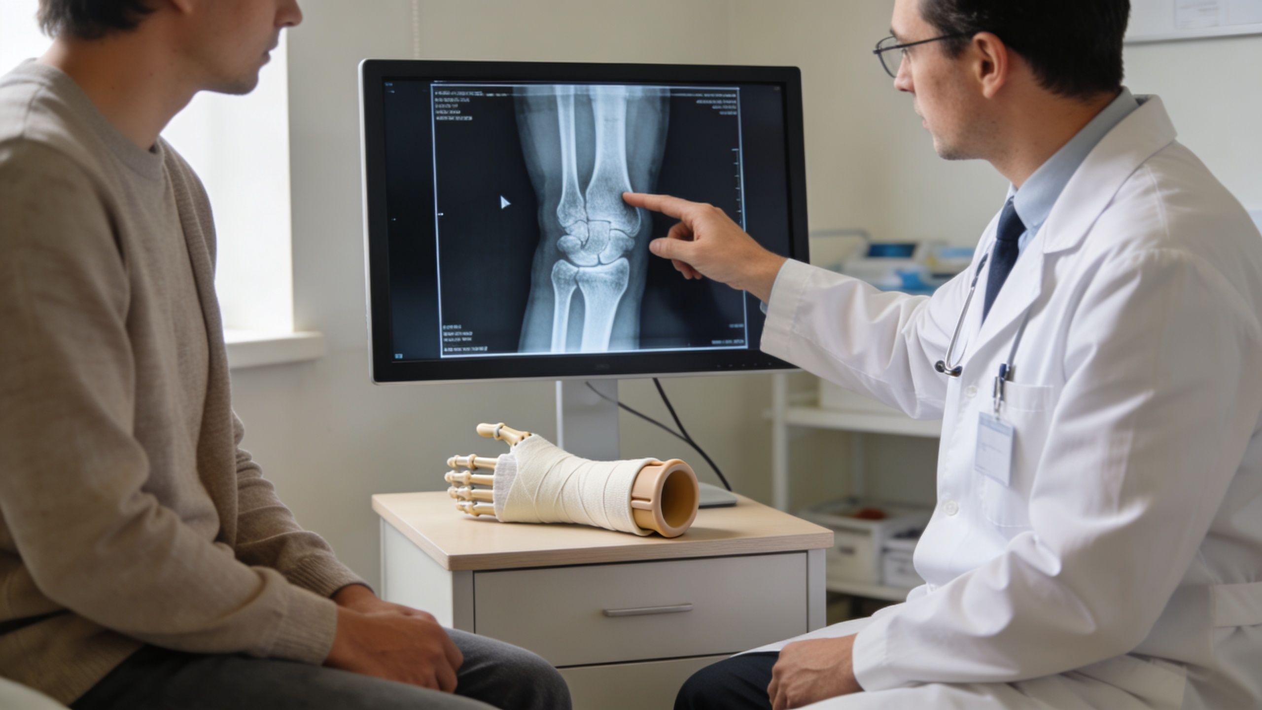 A doctor in a white coat shows an X-ray of a wrist fracture to a male patient.