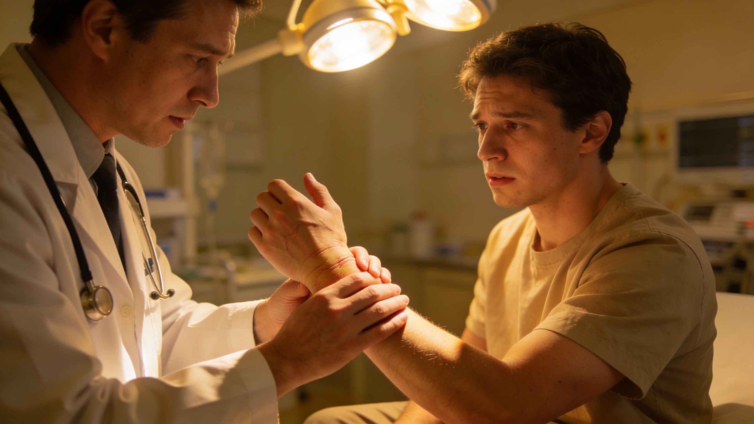A doctor examines the injured wrist of a young male patient in a medical examination room.