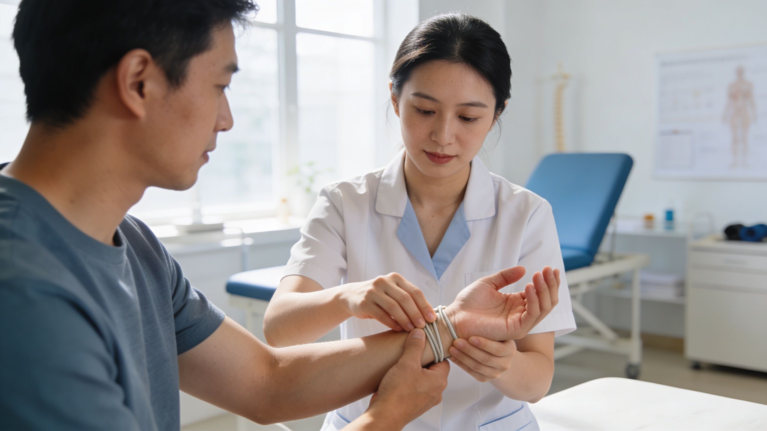 A physical therapist wraps a supportive bandage around the wrist of a patient in a clinic.