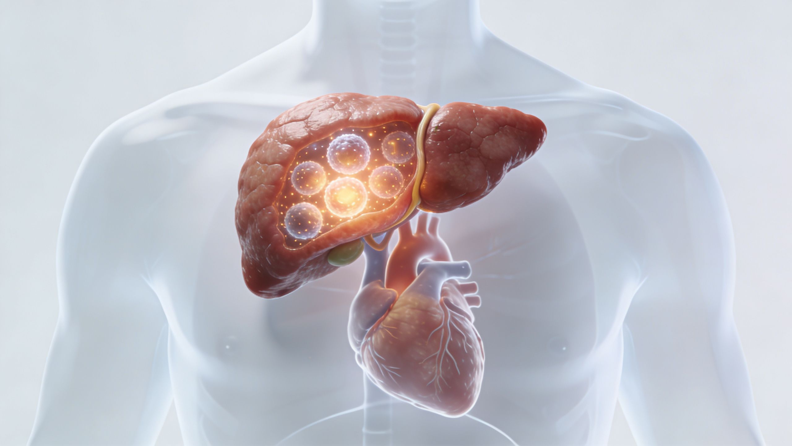 A medical illustration showing a human liver with glowing circular structures representing potential disease or cells.