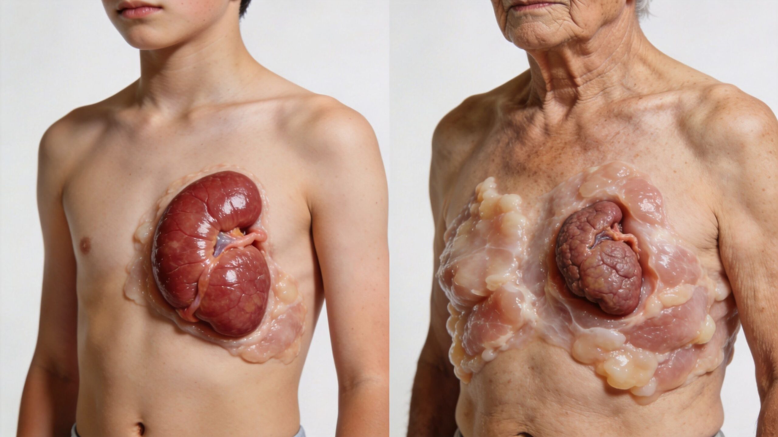 A conceptual comparison showing human chests with grafted organic organs in place of the thymus gland area.