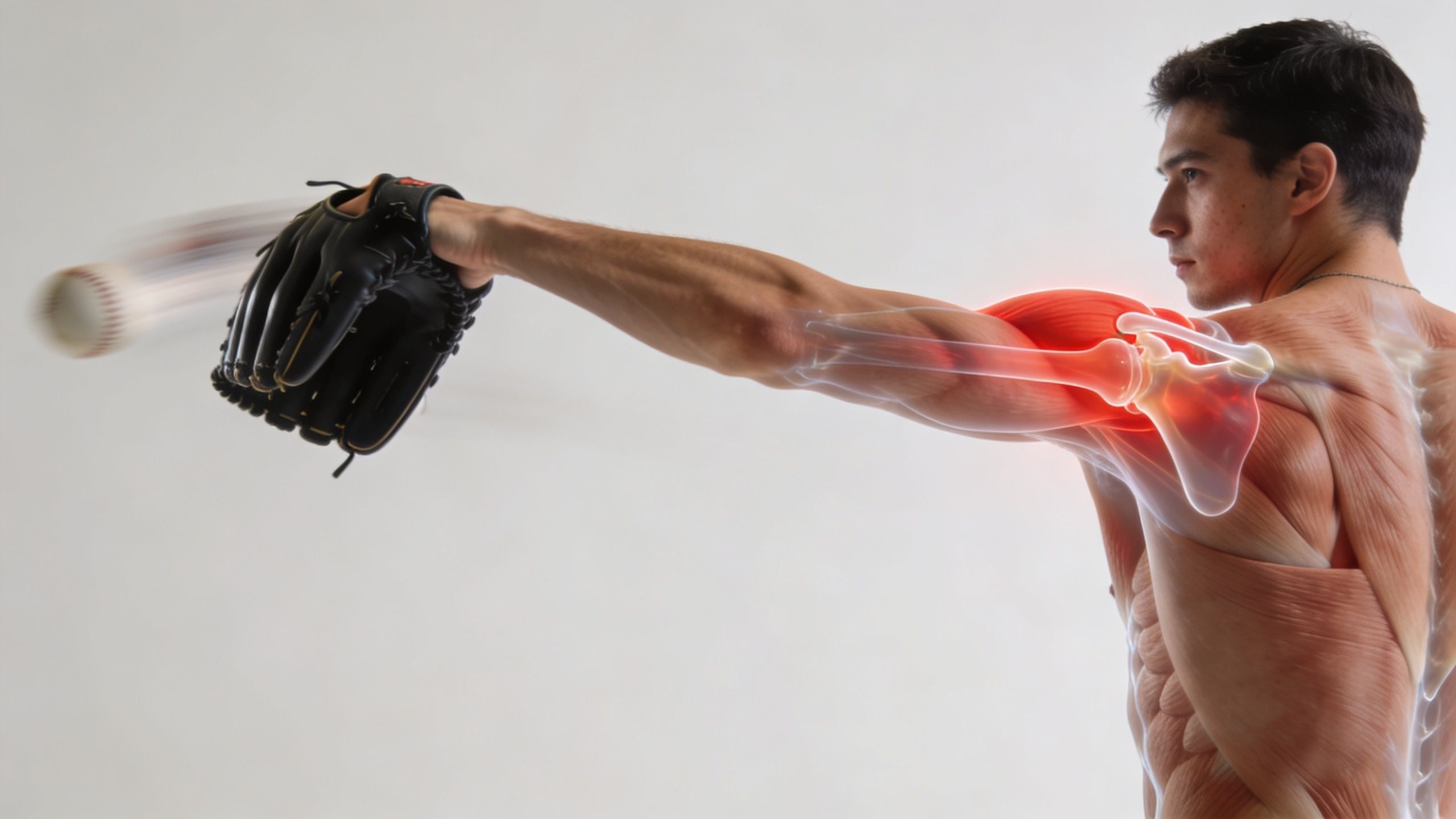 A male athlete demonstrating shoulder anatomy with an emphasis on the rotator cuff during sports activity.
