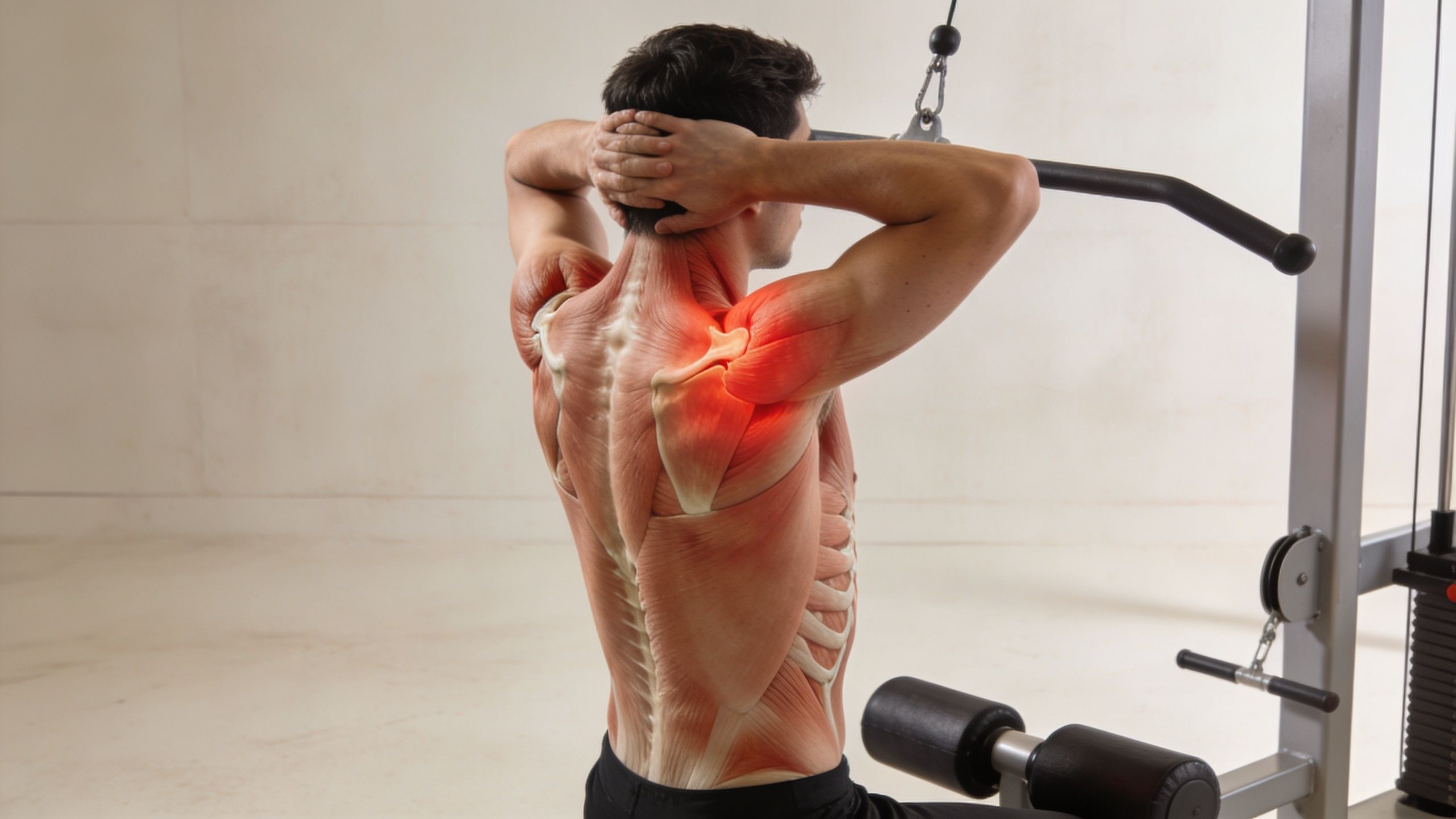A 3D anatomical illustration showing a man experiencing shoulder pain during a lat pulldown exercise.
