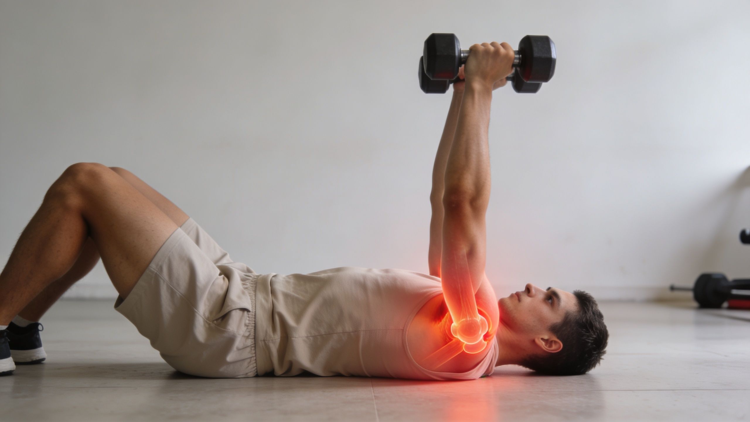 A man performing a floor press exercise, highlighting the shoulder area where rotator cuff injuries occur.