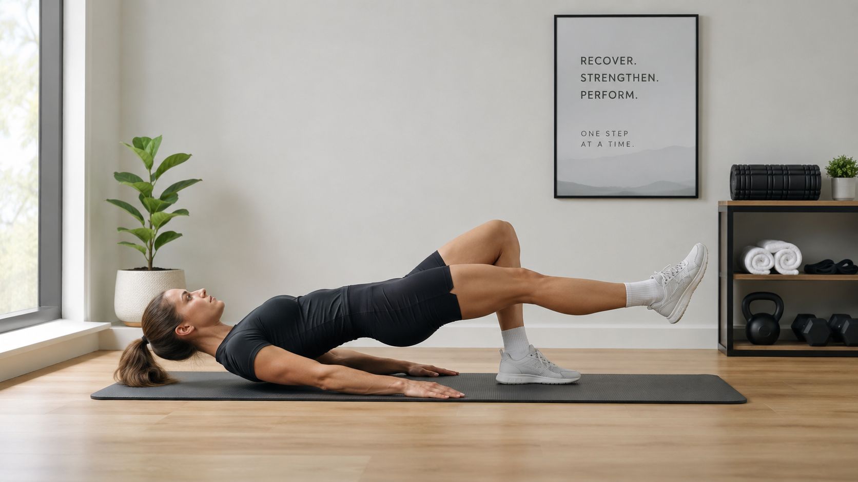 A woman performing a single-leg glute bridge exercise on a yoga mat in a bright home gym.
