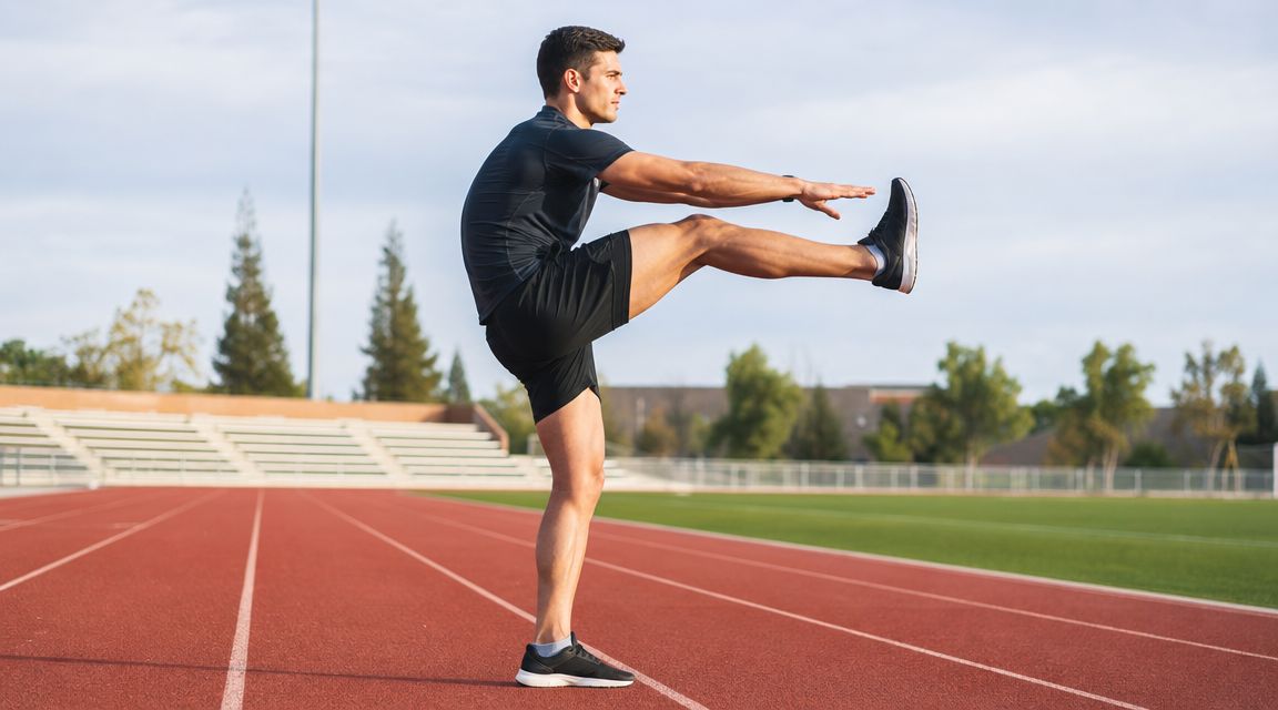A fit man stretching his hamstring muscle by performing a straight leg raise on an outdoor running track.