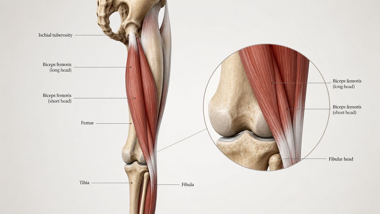 An anatomical illustration showing the biceps femoris muscle, highlighting both the long and short heads of the muscle.