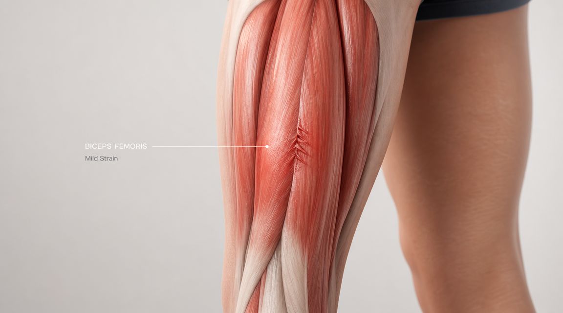 A 3D medical illustration highlighting a mild strain in the biceps femoris muscle of the human thigh.