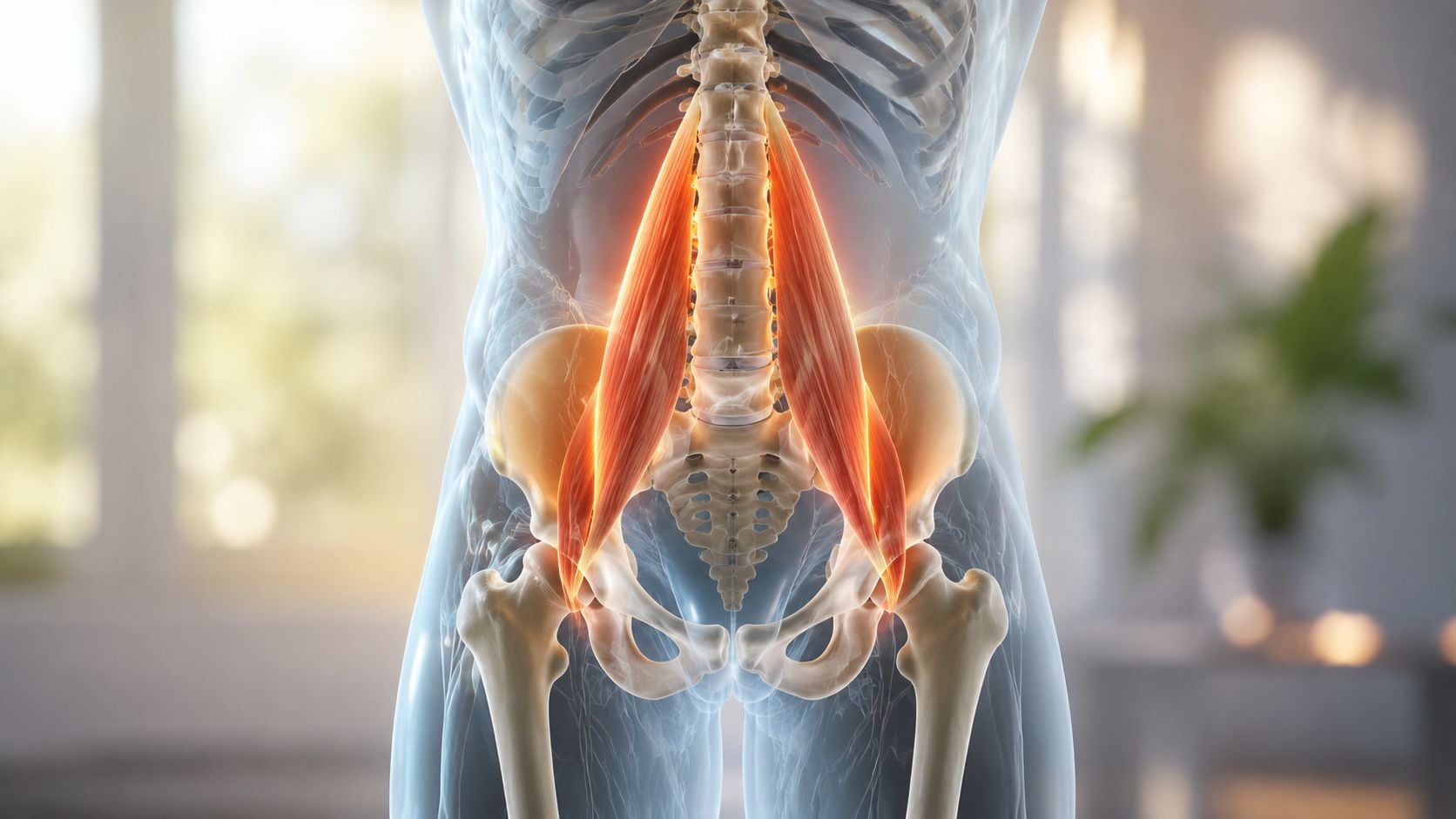 A 3D anatomical illustration highlighting the iliopsoas muscles connecting the spine to the pelvic and thigh bones.