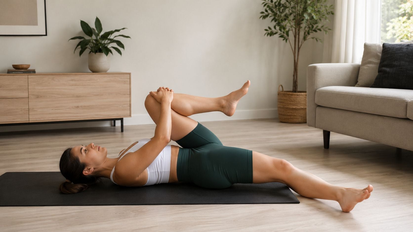 A woman lying on a yoga mat performing a knee to chest stretch for iliopsoas muscle release.