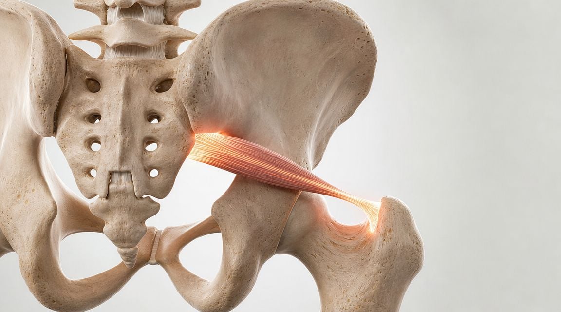 A detailed 3D anatomical illustration highlighting the piriformis muscle located within the human pelvic region.