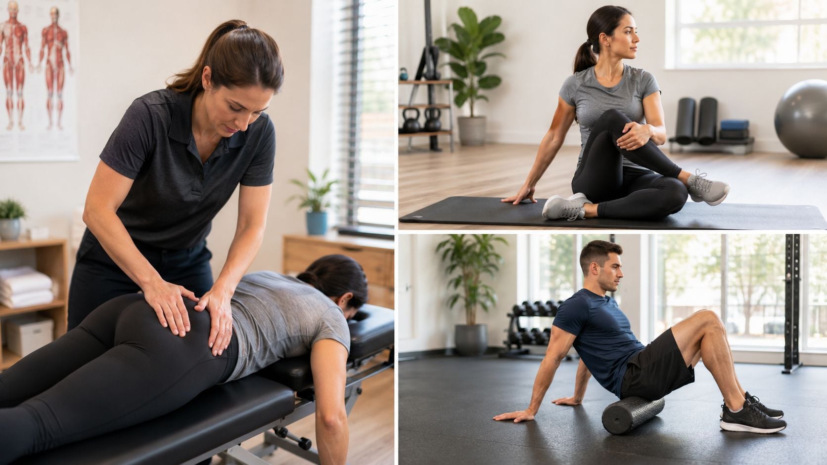 A composite image displaying professional physical therapy treatments and self-stretching exercises targeting the piriformis muscle for pain relief.