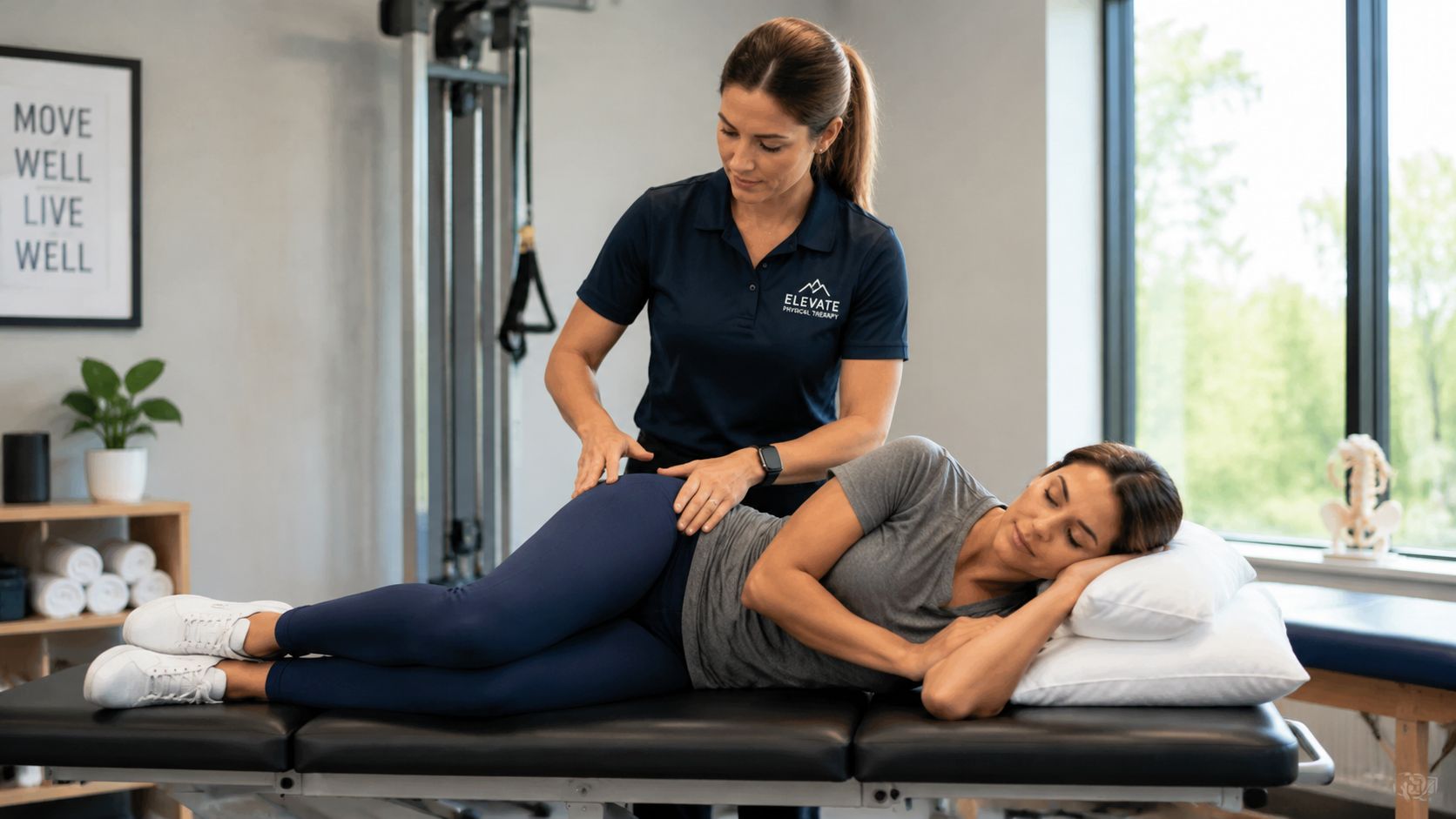 A physical therapist performs a hip assessment on a patient lying on her side in a clinic.