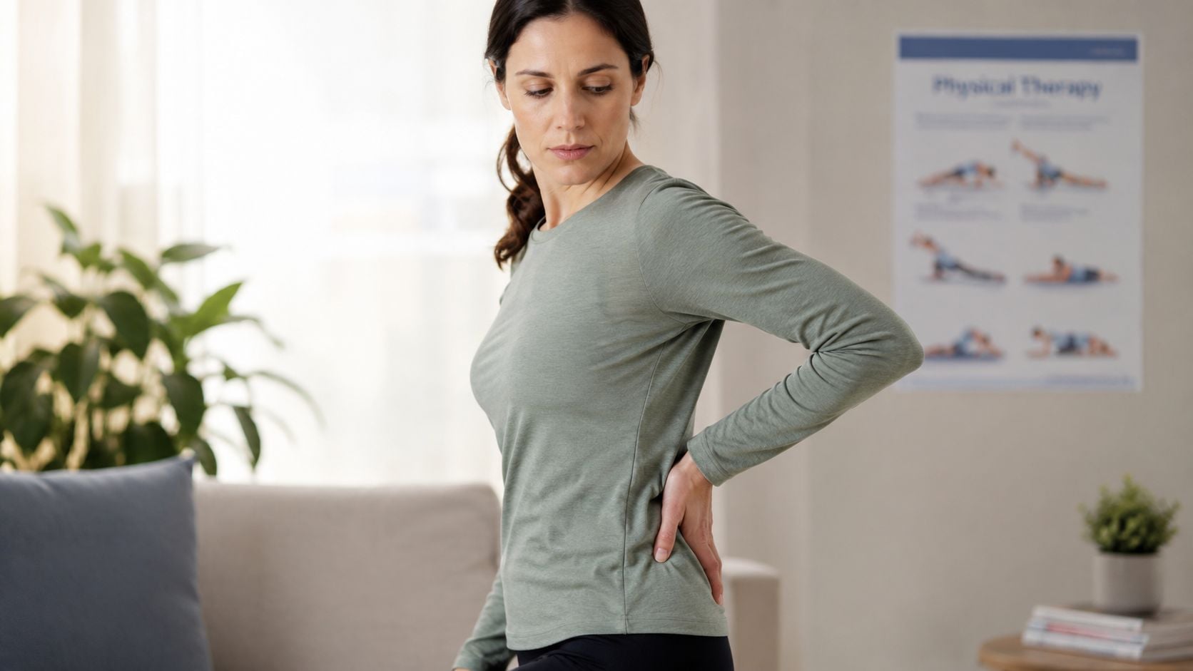 A woman experiencing lower back pain while standing in a living room with physical therapy charts.