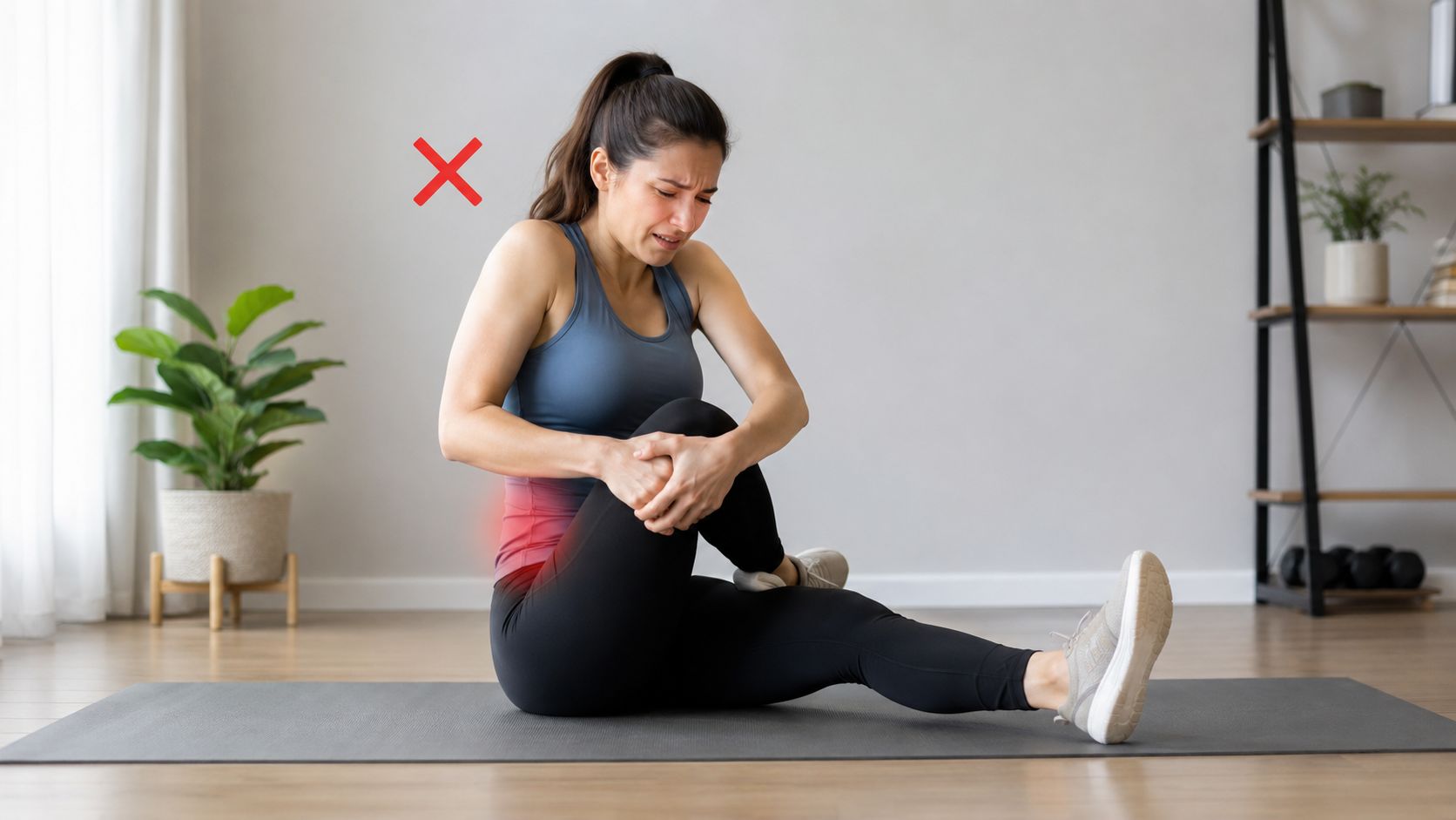 A woman sitting on a yoga mat experiencing pain while attempting a piriformis stretch exercise.