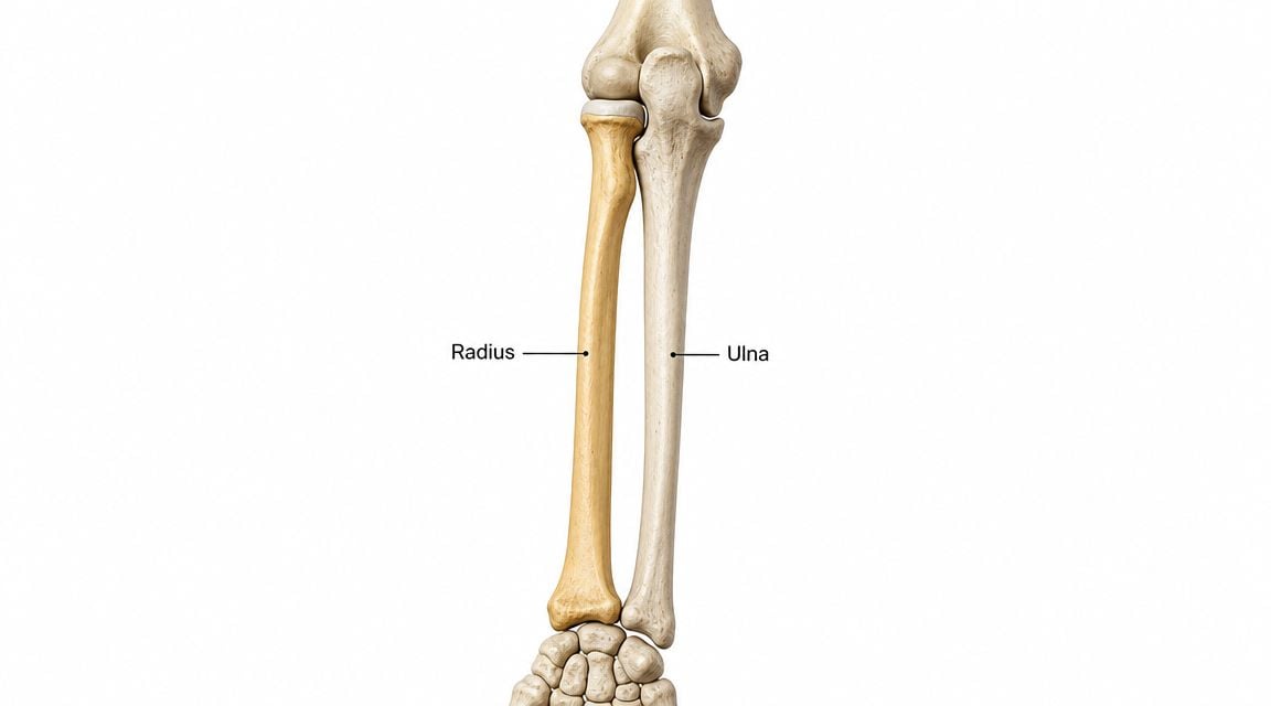 A detailed medical illustration showing the anatomy of the radius and ulna bones in the human forearm.