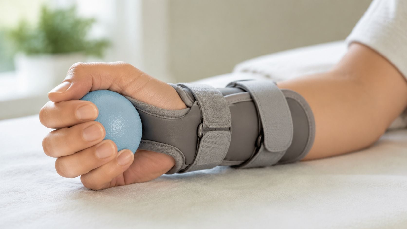 A person recovering from a radius bone injury using a stress ball for physical therapy exercises.