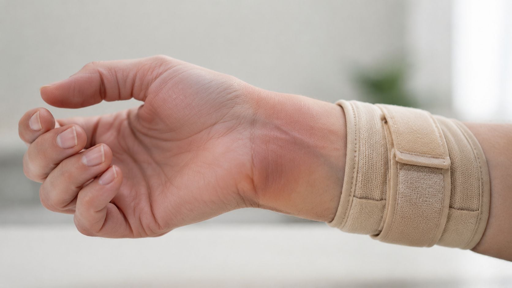 A person wearing a beige wrist support brace on their left arm to stabilize the radius bone area.