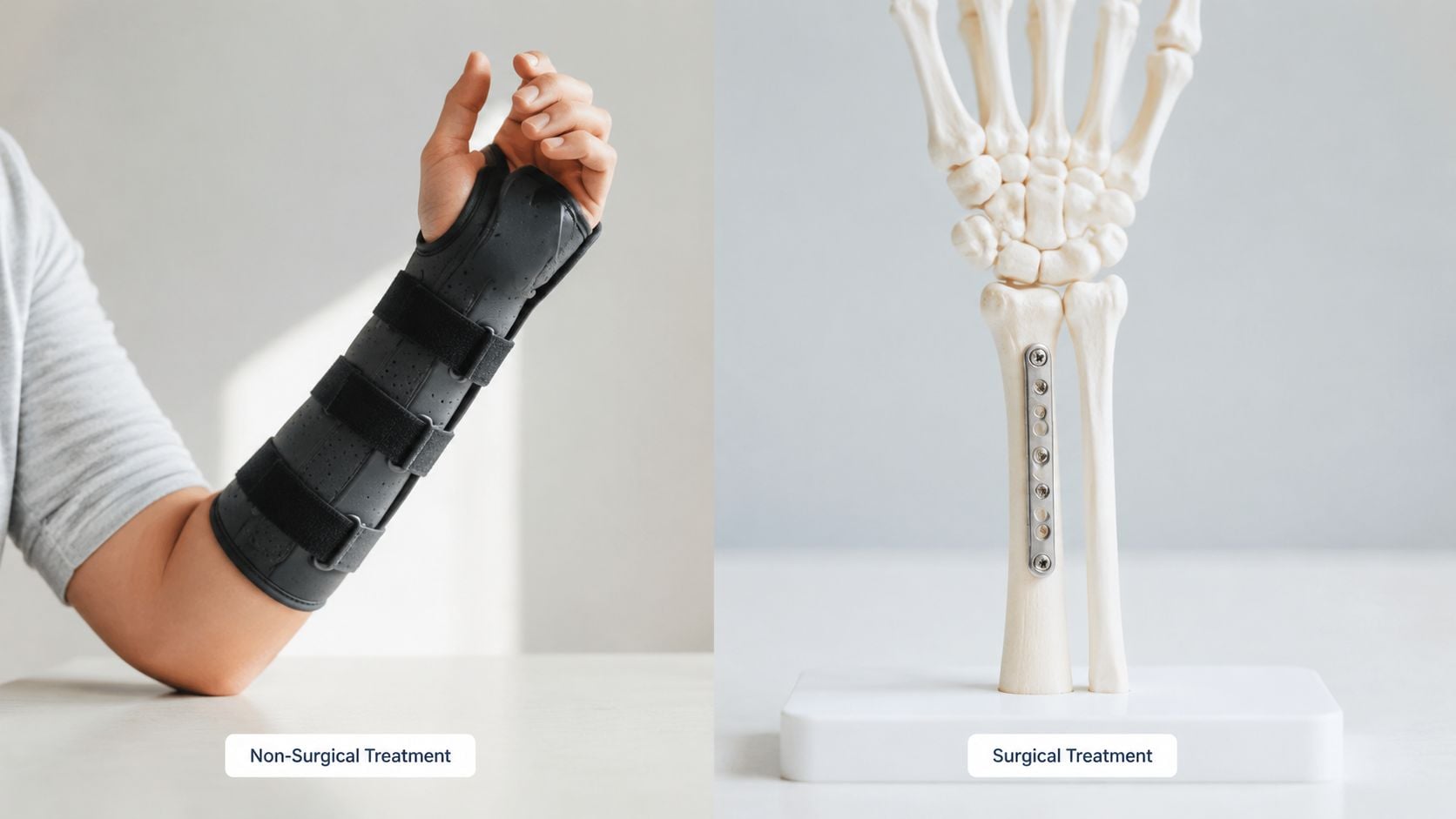 A comparison showing a patient wearing a wrist brace for non-surgical treatment versus a skeleton with surgical plating.